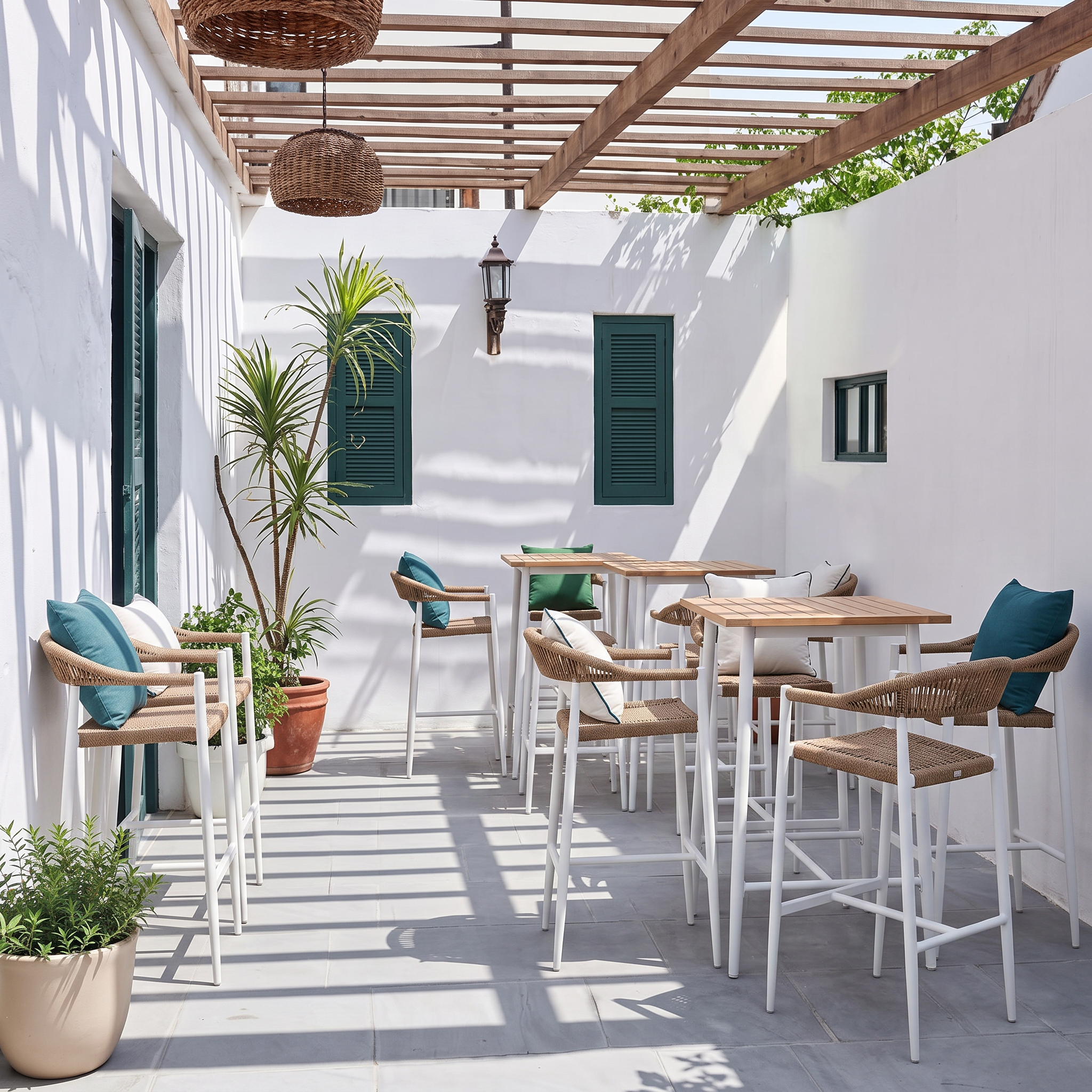 Taburete de bar alto con reposabrazos, de aluminio y ratán sintético Ibiza